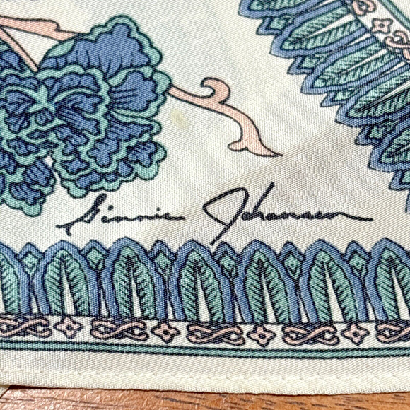 Vintage Ginnie Johansen Silk Scarf Intricate Floral Cream Pink Blue Oblong Tie - Picture 3 of 8
